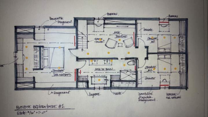 Esquisse exploratoire d'un plan d'aménagement des combles annotée, Lévis